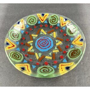Fused Art Glass Abstract Vibrant  Design Plate Round 7.5" Diameter